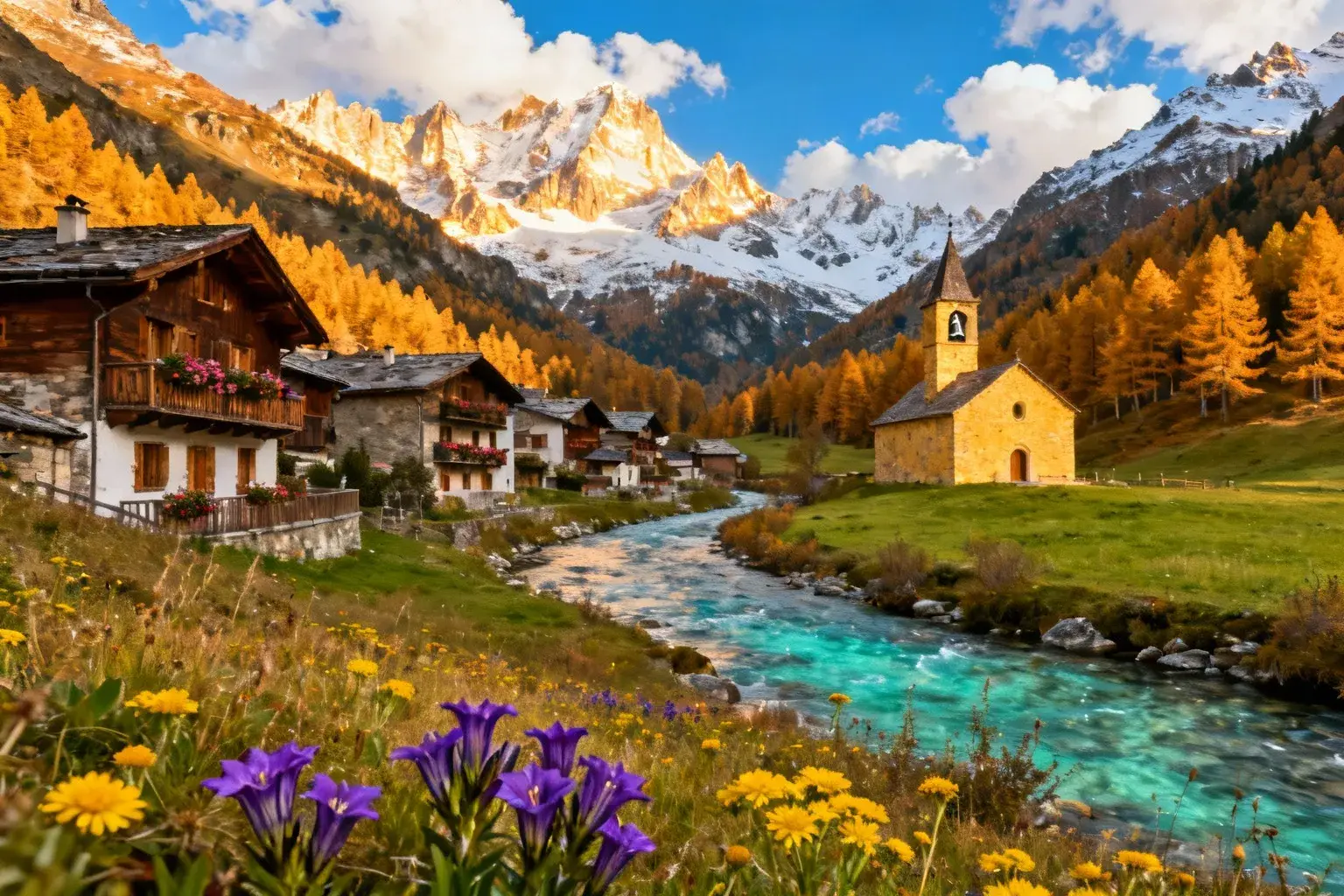 Paysage alpin de la vallée de la Clarée avec montagnes enneigées, rivière turquoise et chalets traditionnels