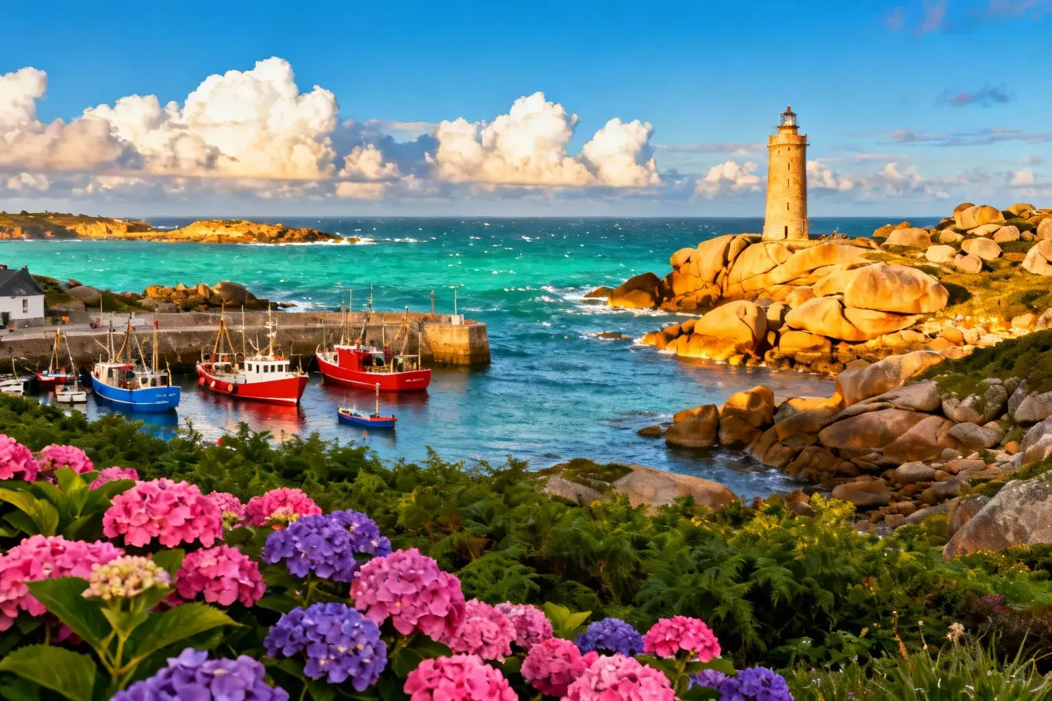 Phare blanc de Penmarc'h sur fond de ciel bleu avec ports de pêche traditionnels et bateaux aux couleurs vives en Bretagne