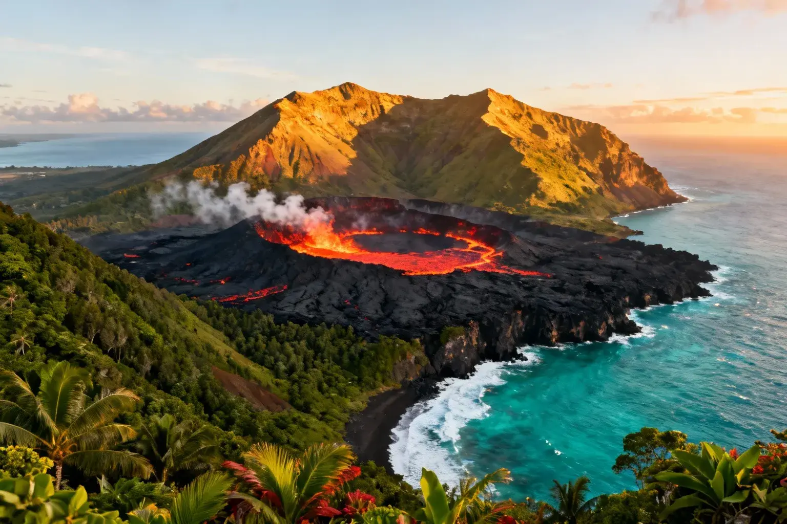 Volcan actif piton de la fournaise à la Réunion avec coulées de lave rouge orangé se jetant dans l'océan turquoise