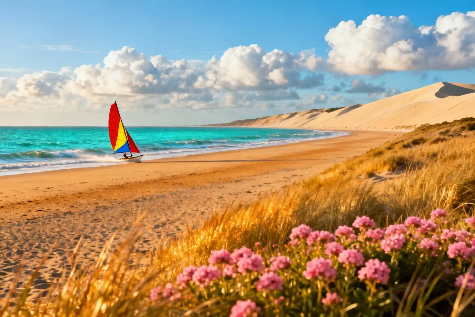 Vaste plage de sable doré à Berck-sur-Mer avec dunes, mer turquoise et chars à voile colorés sous ciel bleu