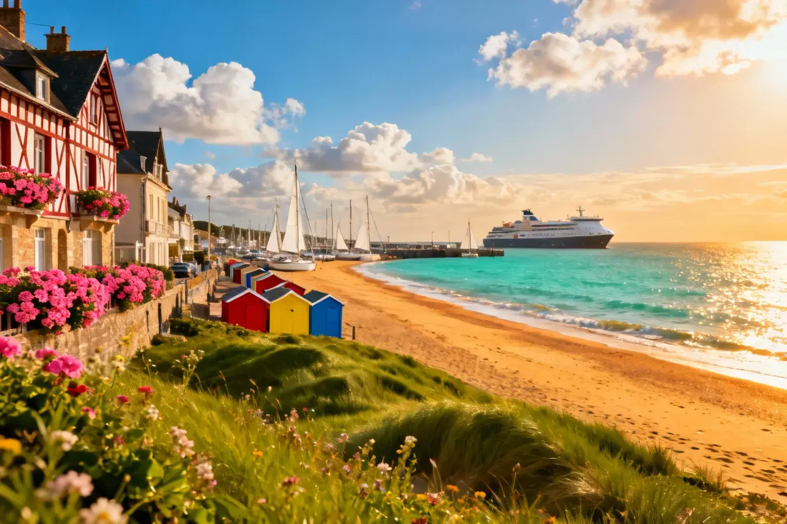 Plage paradisiaque de Ouistreham avec sable doré, eau turquoise et cabanes colorées alignées sur le rivage