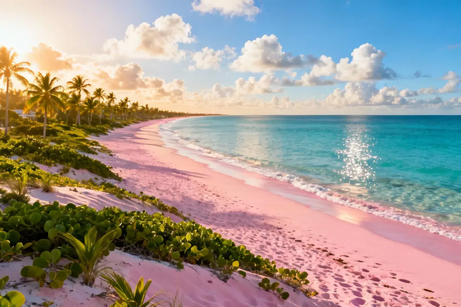 Plage rose de Harbour Island aux Bahamas avec sable naturellement teinté par des micro-organismes coralliens