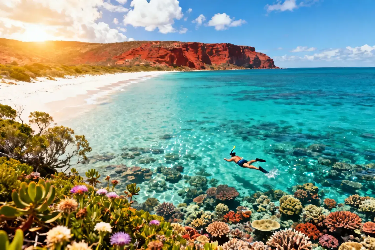 Plage de sable blanc avec eau cristalline turquoise et récif corallien visible à 50 mètres du rivage en Australie