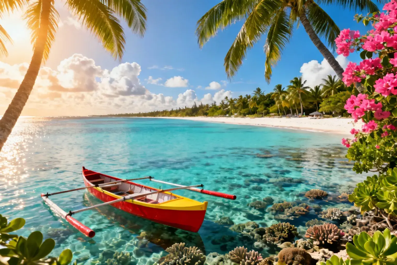 Plage de sable blanc et eau turquoise à Flic en Flac avec pirogue mauricienne et palmiers sous un ciel bleu