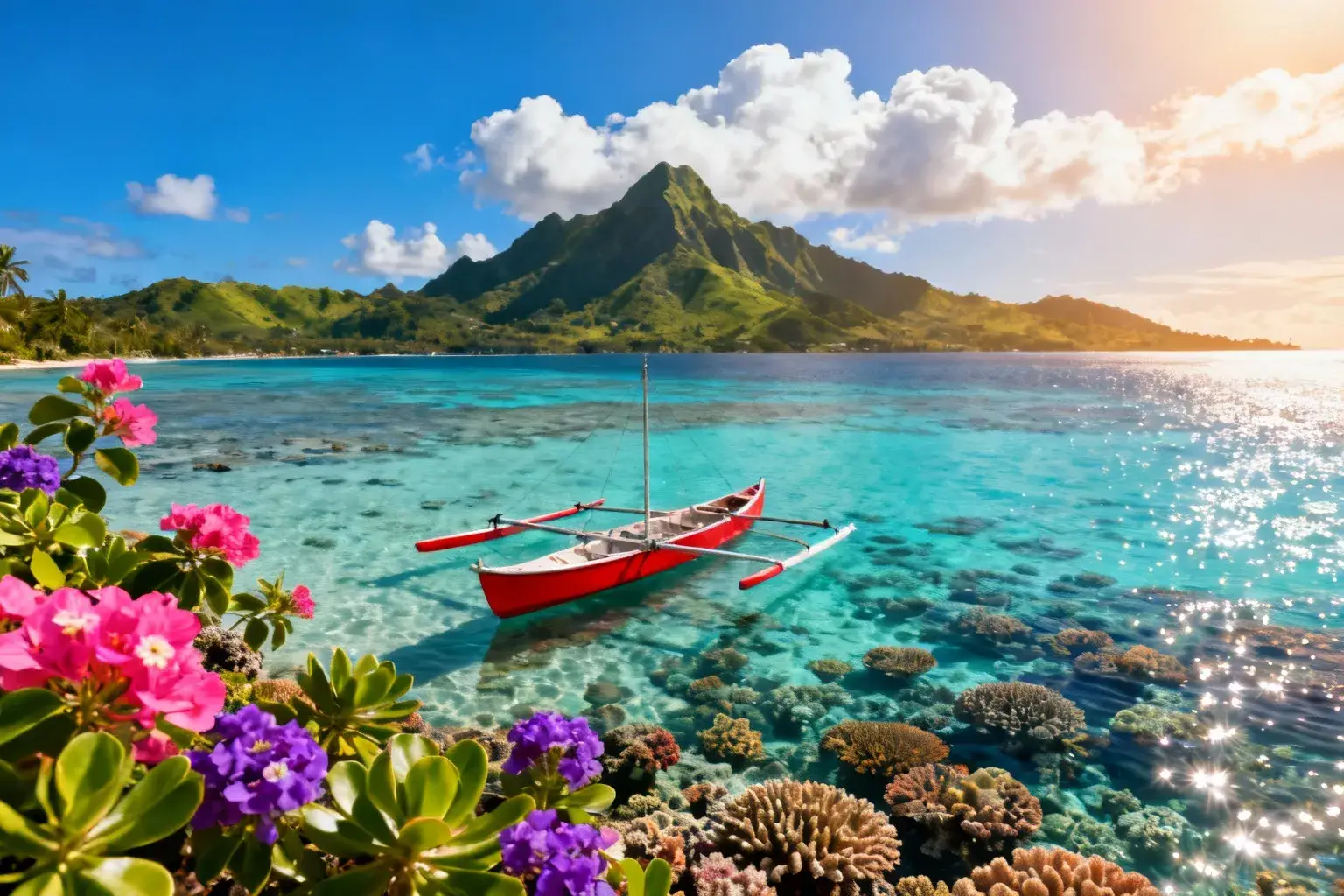 Récif corallien turquoise de Vanua Levu avec canoë rouge traditionnel, montagnes vertes en fond et eau cristalline