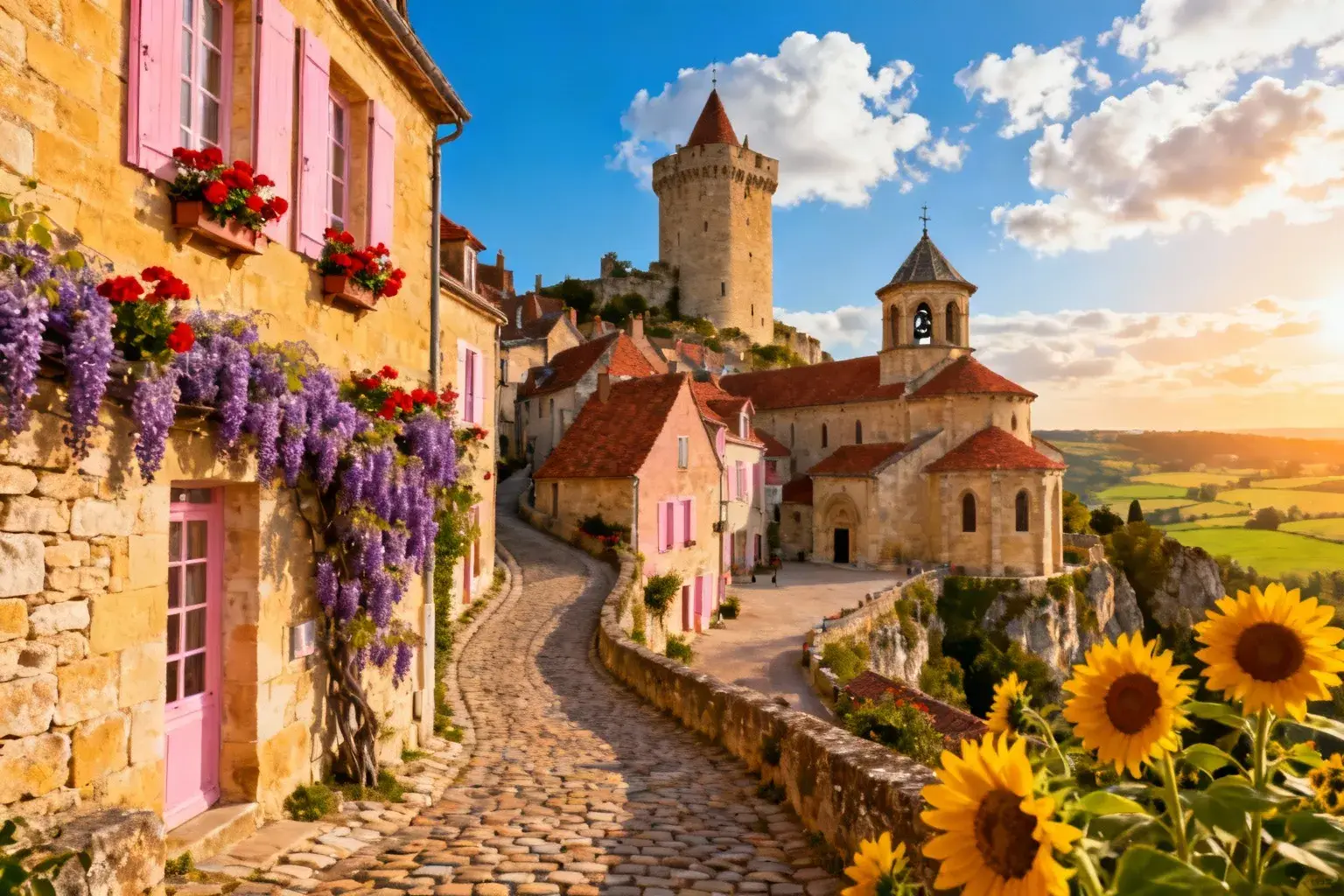 Village médiéval de Semur-en-Brionnais avec maisons en pierre calcaire, toits rouges et fleurs colorées sous un ciel bleu