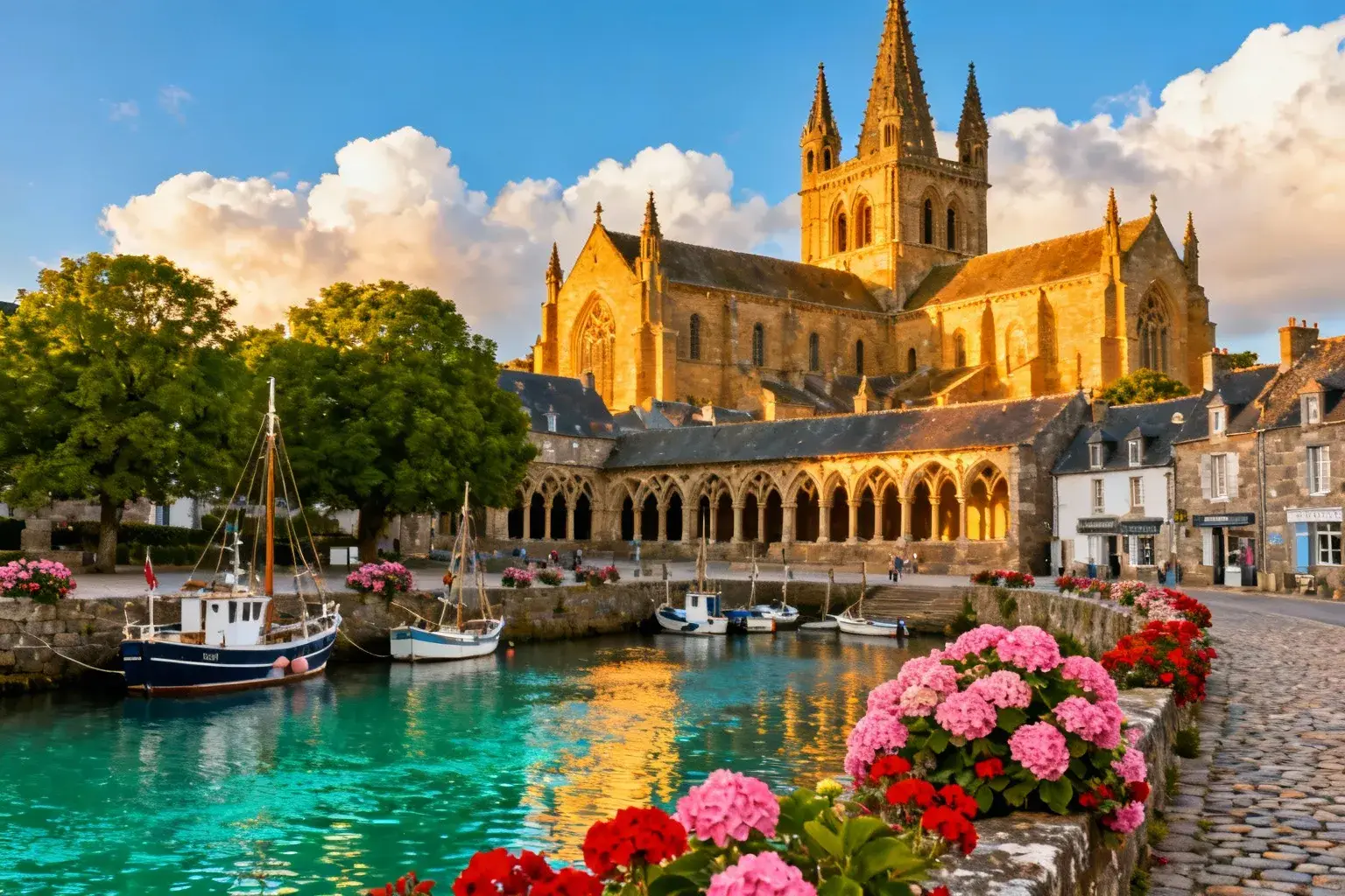 Vue aérienne de la cathédrale gothique de Tréguier avec ses flèches élancées et le port de la Jaudy avec des bateaux traditionnels