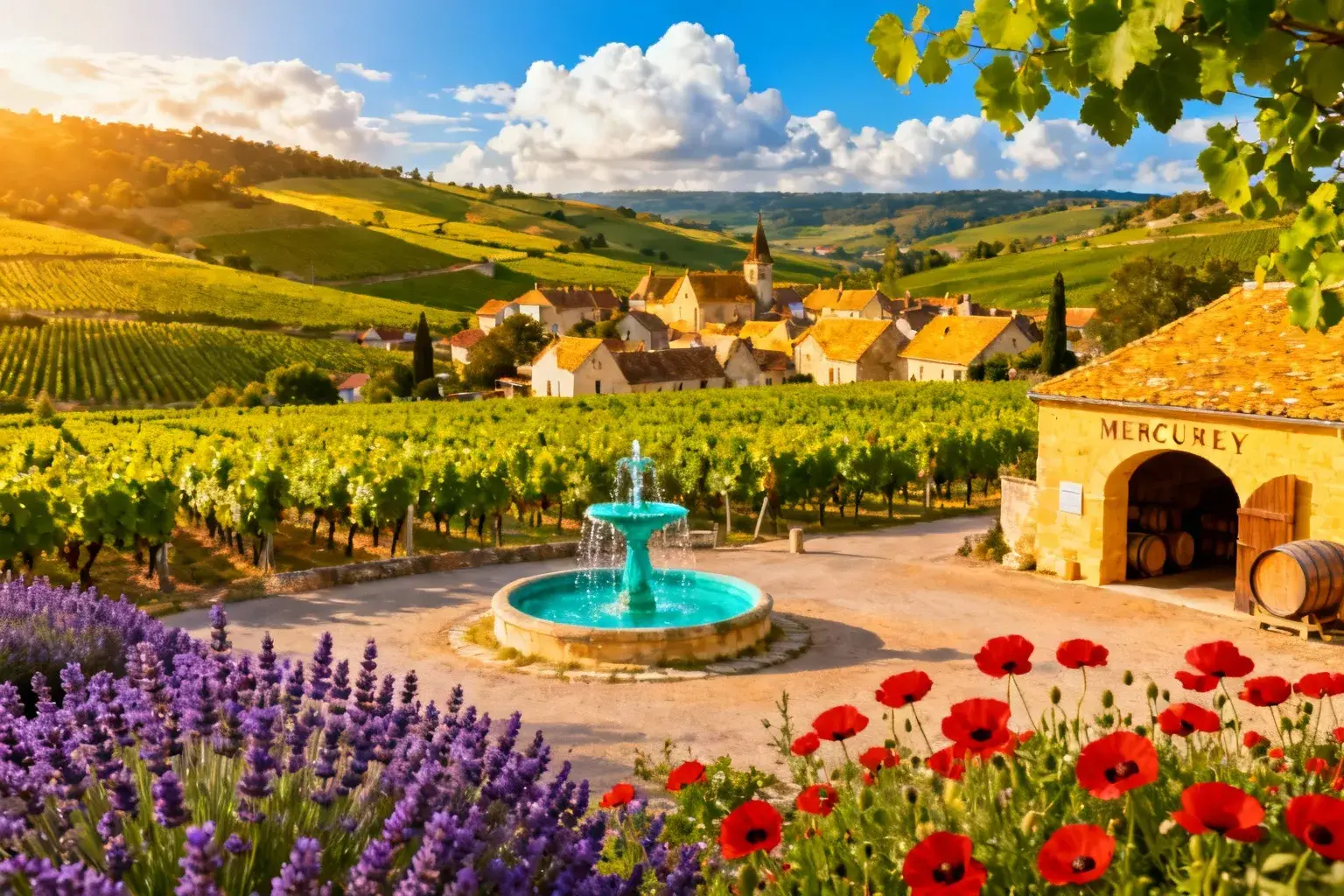 Vignobles de Mercurey sous la lumière dorée du soleil avec maisons en pierre et lavandes en premier plan
