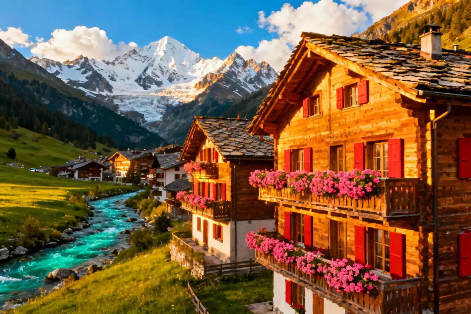 Village savoyard avec chalets en bois aux façades dorées, toits en lauze, géraniums rouges aux balconnets et montagnes enneigées en arrière-plan