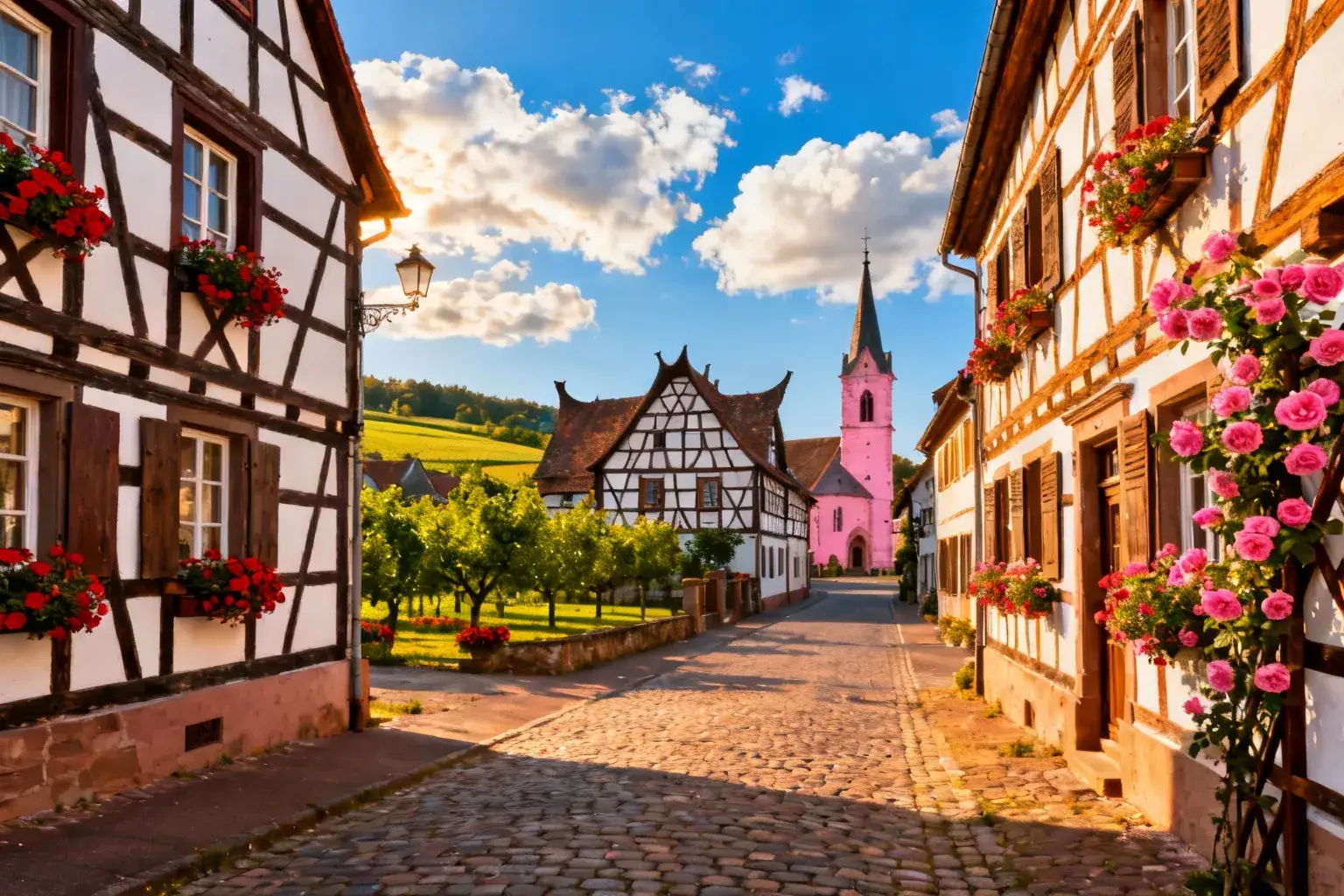 Rue typique du village de Hunspach avec maisons à colombages blanches et poutres sombres, géraniums aux fenêtres
