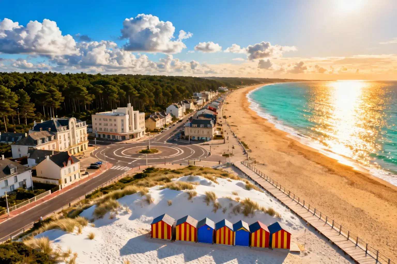Vue aérienne d'un village art déco avec plage dorée, eaux turquoises et cabanes de plage colorées