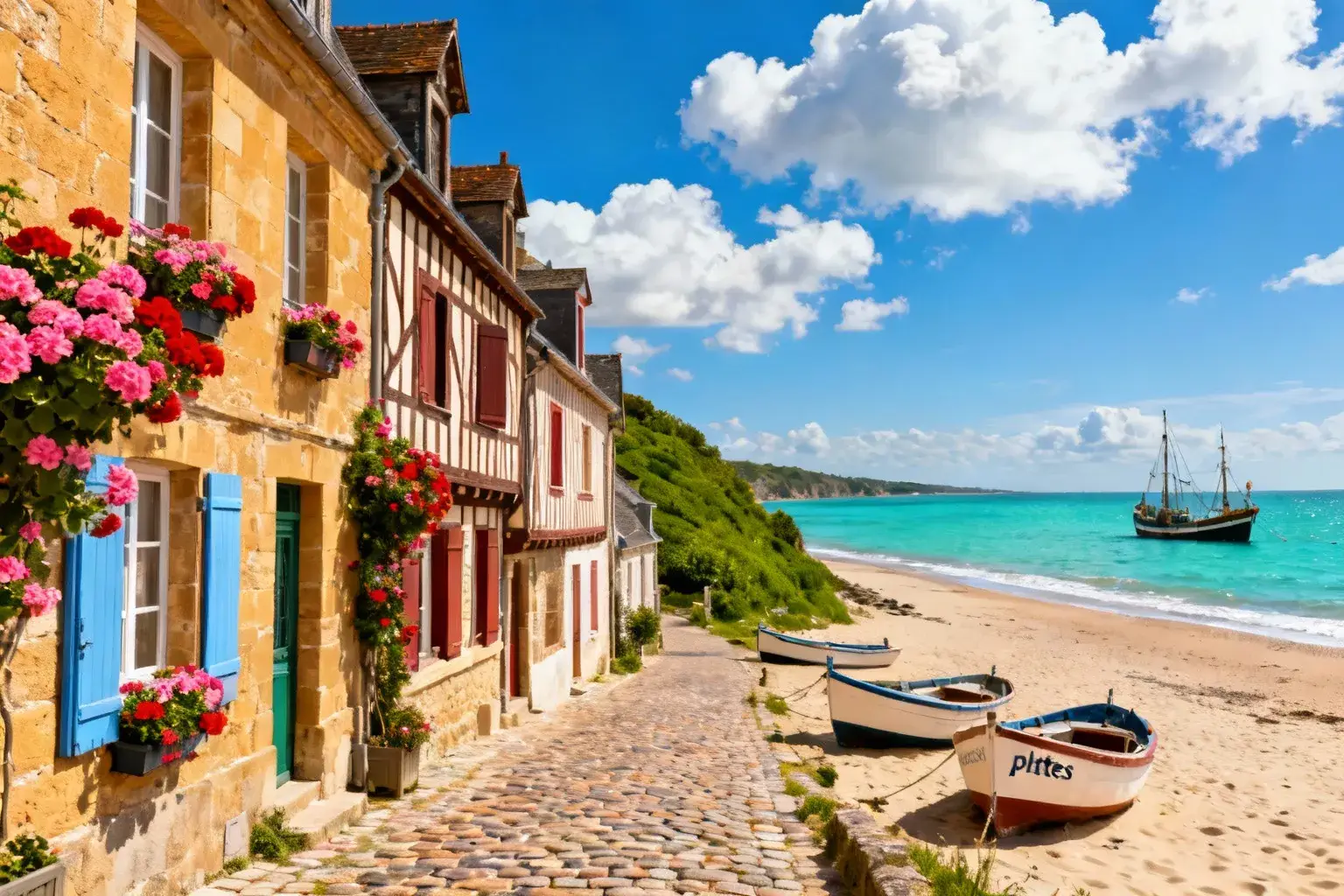 Village normand pittoresque avec maisons en pierre, bateaux de pêche sur la plage et moulière active au coucher de soleil