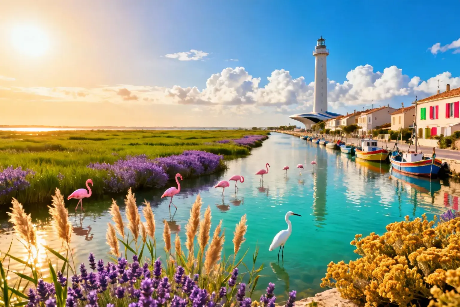 Paysage naturel méditerranéen avec étangs, oiseaux sauvages et habitat traditionnel sous la lumière dorée du soleil