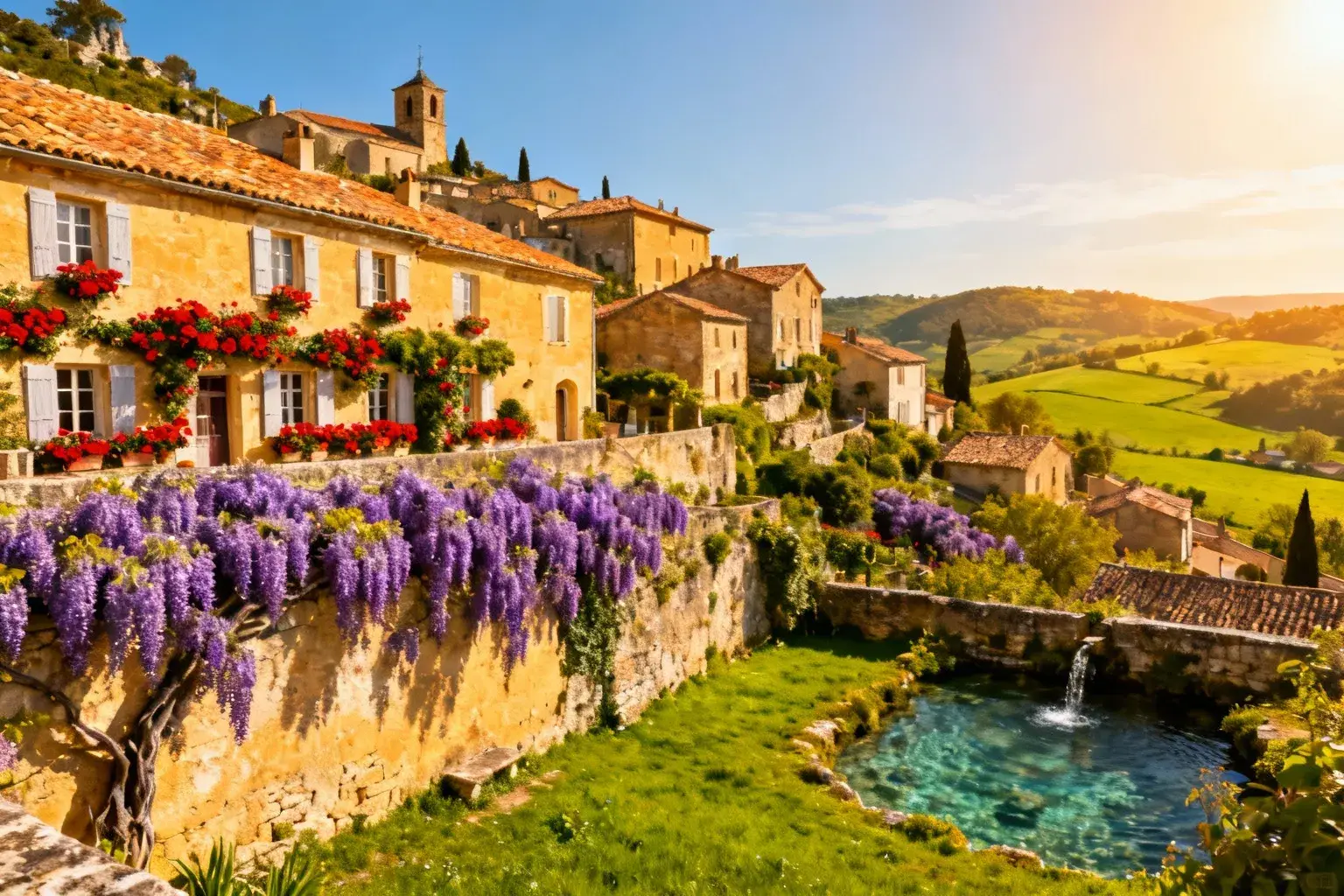 Vue panoramique du village d'Ayen avec ses bâtiments en pierre calcaire et toits en tuiles, entouré de collines vertes