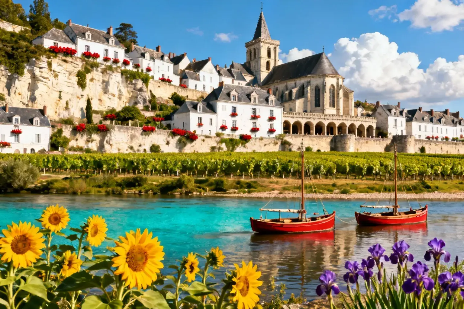 Village pittoresque français avec maisons en pierre blanche et toits d'ardoise, dominant le confluent de la Loire et de la Vienne