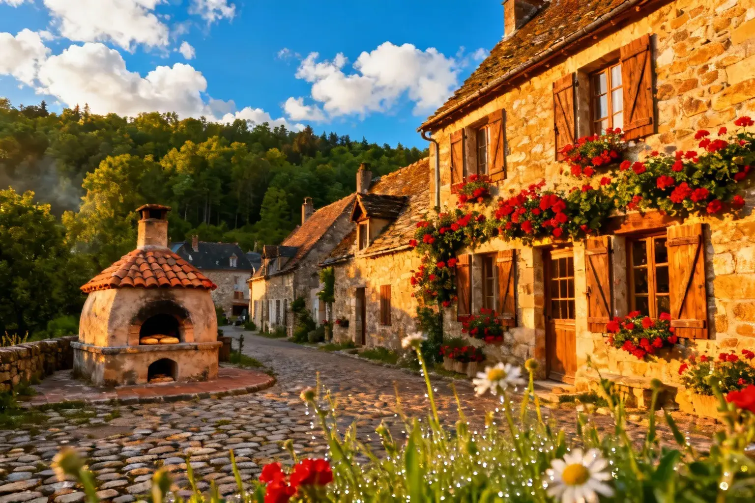Maisons en pierre du Limousin avec toits en ardoise naturelle et géraniums rouges aux fenêtres, sous un ciel bleu