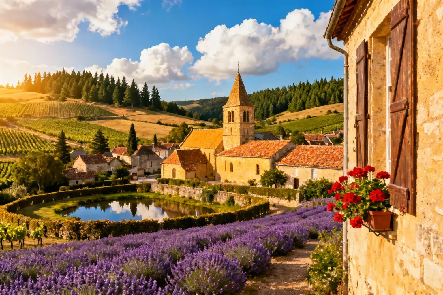 Paysage de campagne française avec champs de lavande, église en pierre et toits en terracotta sous une lumière dorée