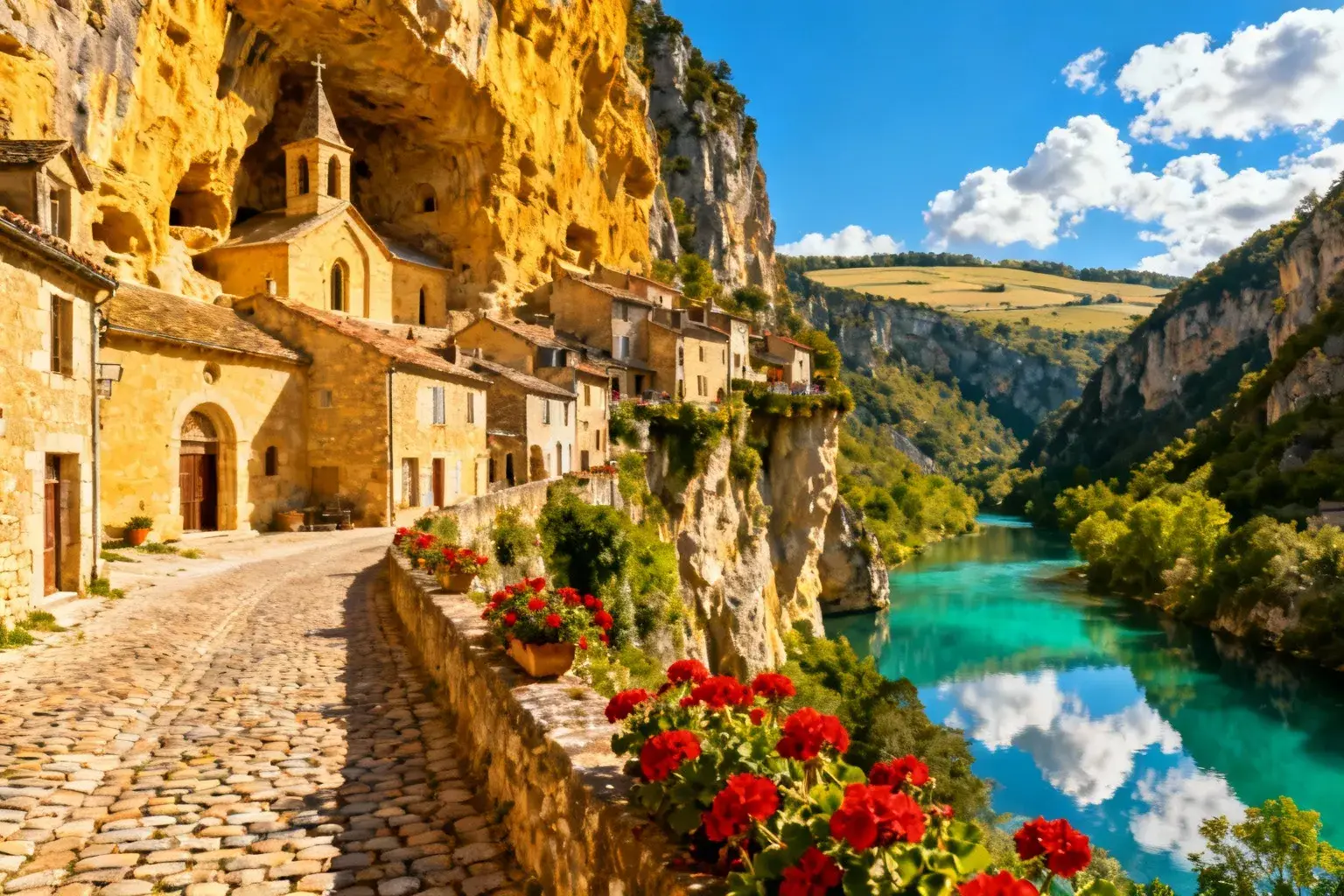 Village médiéval de Sainte-Enimie accroché aux falaises des gorges du Tarn avec maisons en pierre et eau turquoise