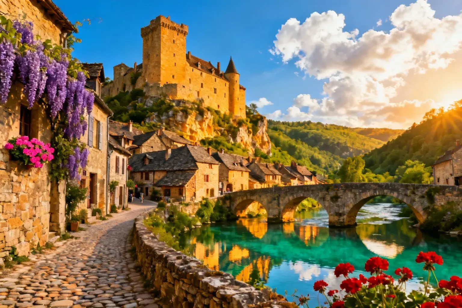Village médiéval de Belcastel avec son château en pierre dorée dominant la vallée de l'Aveyron et ses maisons aux toits de lauze