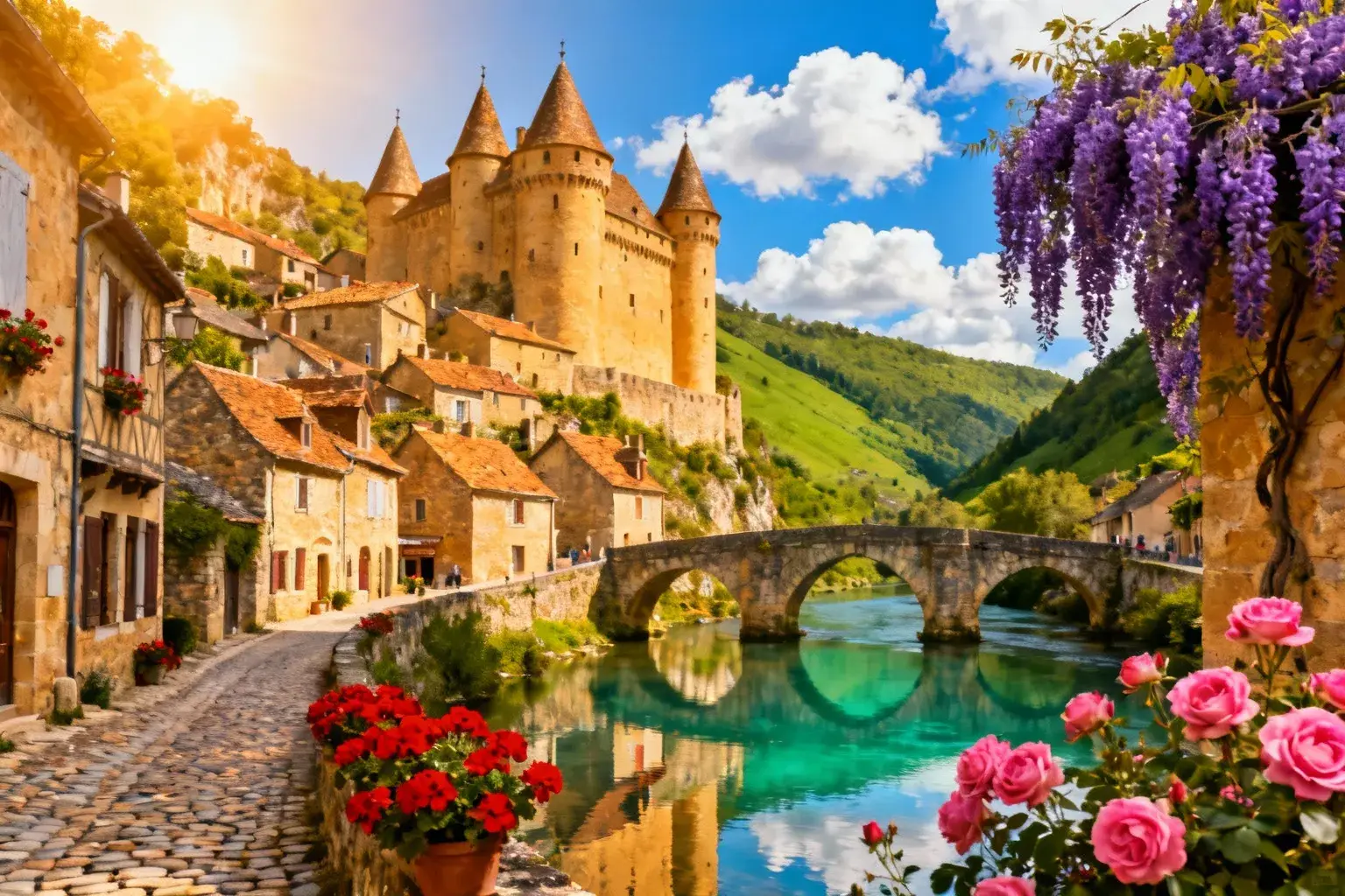 Village médiéval d'Estaing avec maisons en pierre dorée, château à cinq tours et pont gothique sur la rivière Lot turquoise