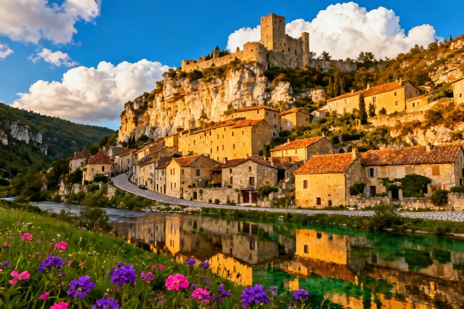 Angles-sur-l'Anglin, village médiéval français avec maisons en pierre dorée et toits en tuiles, posé sur une falaise calcaire au-dessus de la rivière émeraude