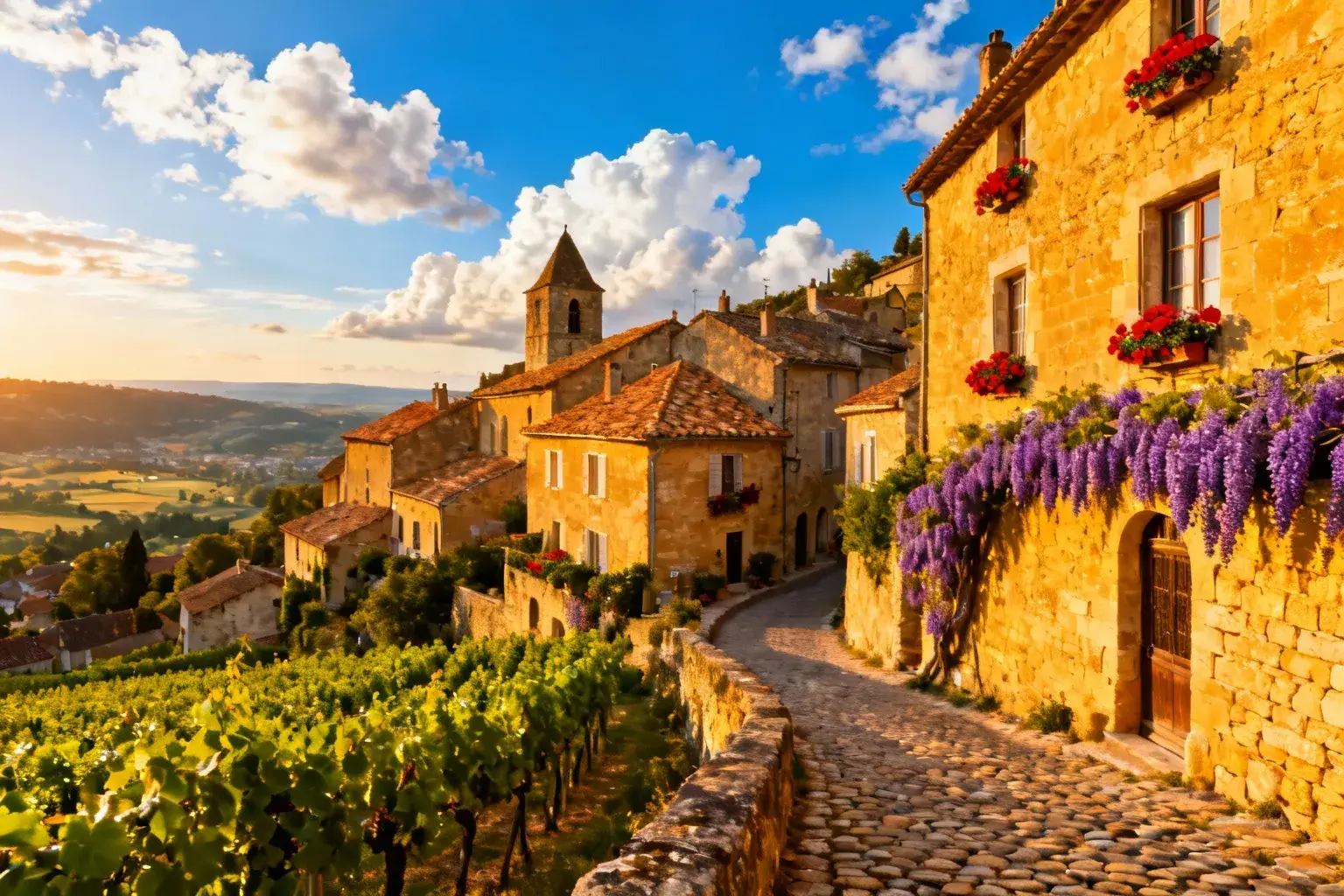 Village médieval perché sur une colline avec des bâtiments en pierre ocre éclairés par la lumière dorée du coucher de soleil