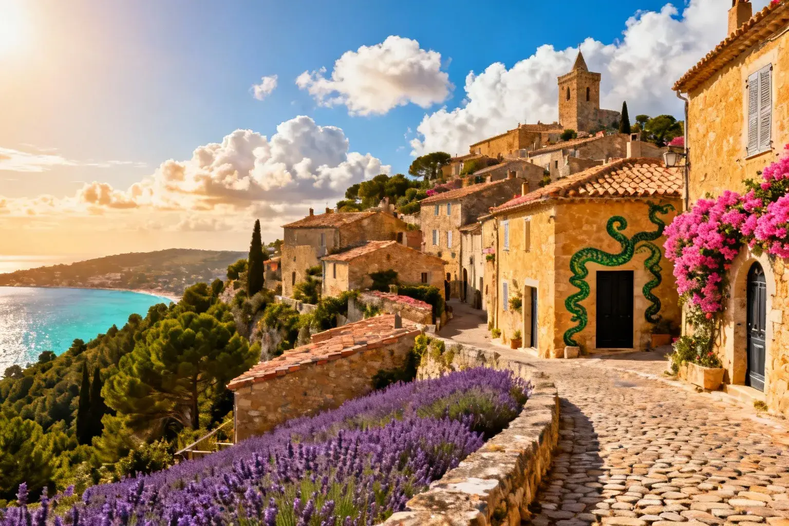 Village provençal de Gassin perché sur une colline avec maisons en pierre, bougainvilliers et vue sur la mer