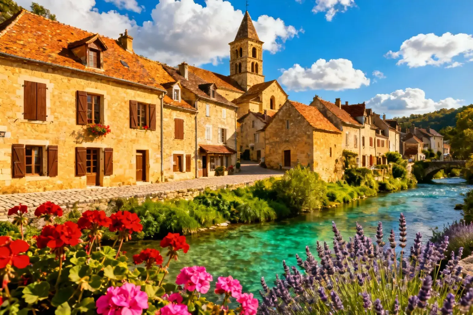 Village médieval en pierre dorée avec église romane et fleurs aux fenêtres, bordé par la rivière Vézère