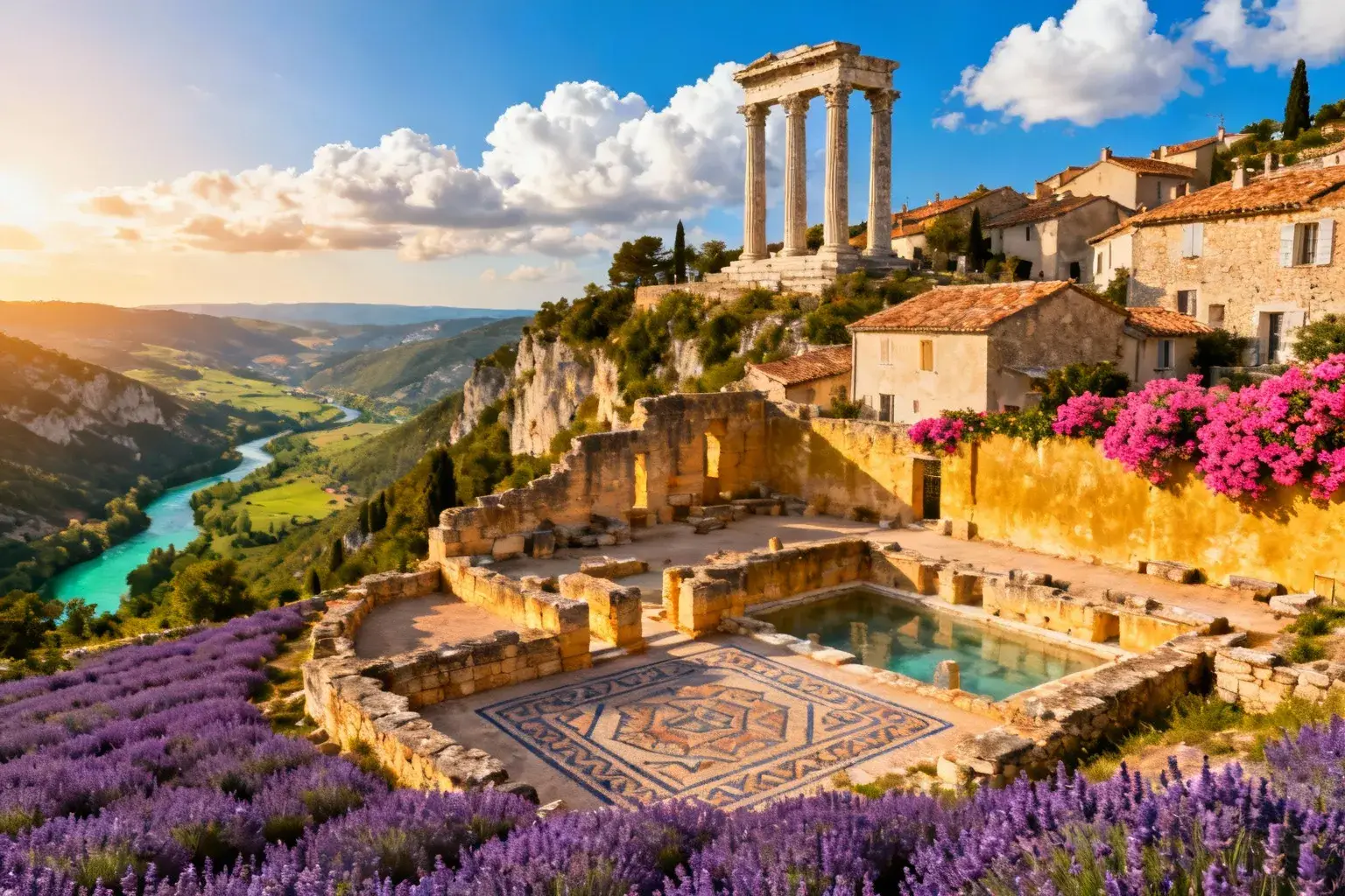 Temple romain de Riez avec quatre colonnes corinthiennes entourées de ruines anciennes et champs de lavande violets