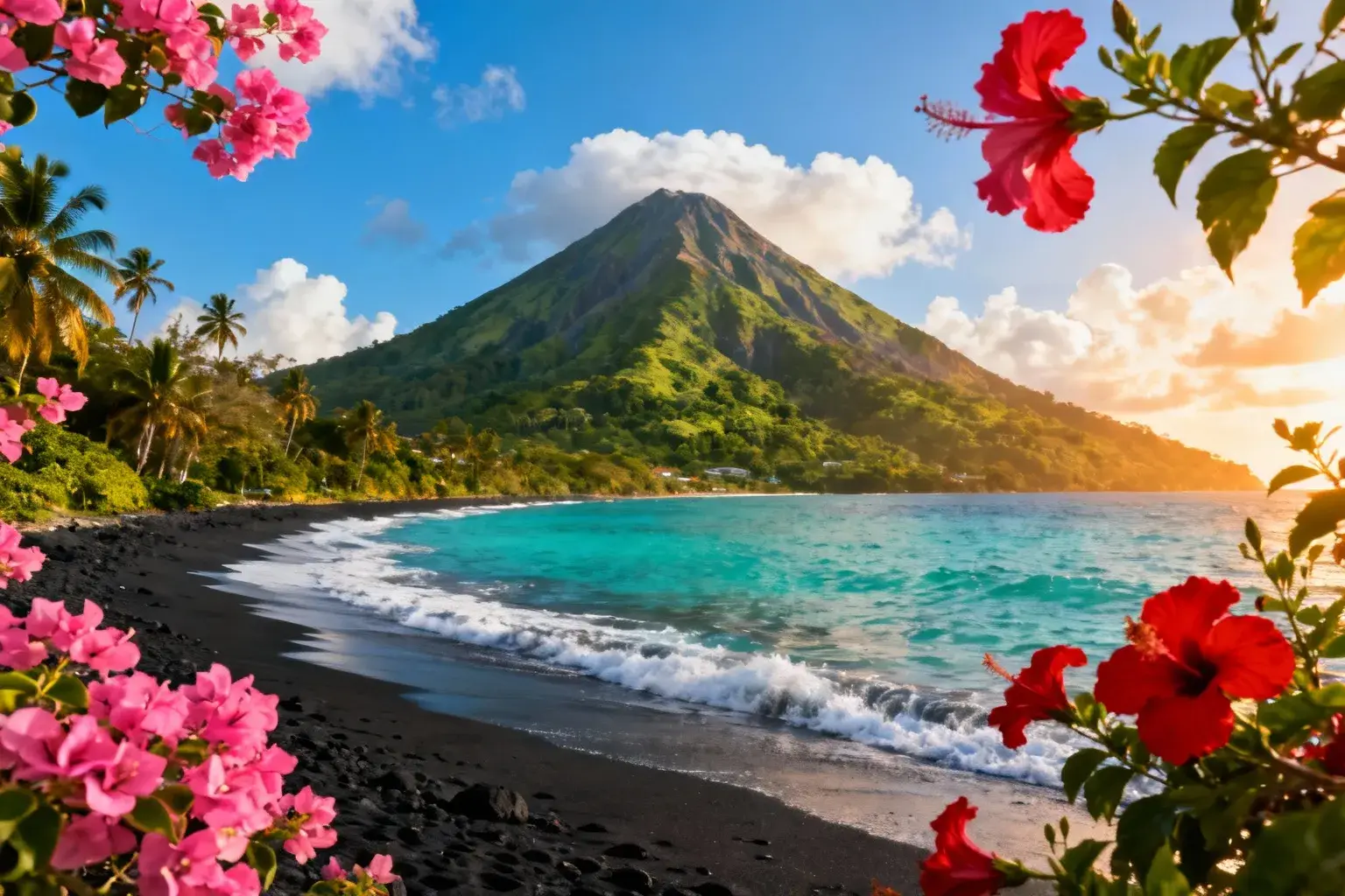 Volcan La Soufrière à Saint-Vincent avec végétation luxuriante et plage de sable noir, mer turquoise en arrière-plan