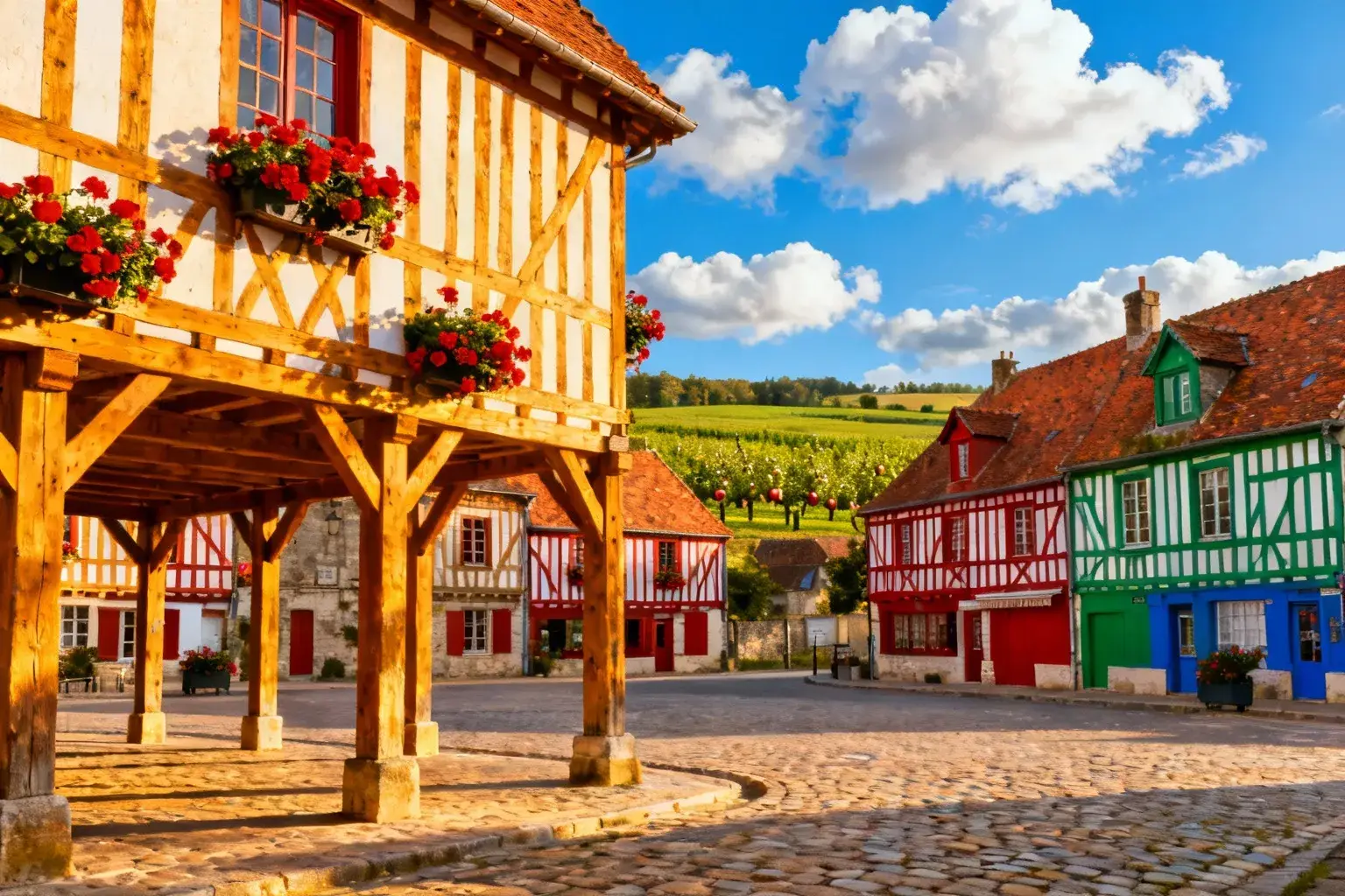 Maisons à colombages colorées de Beuvron-en-Auge avec géraniums rouges, toits en tuiles et ciel bleu