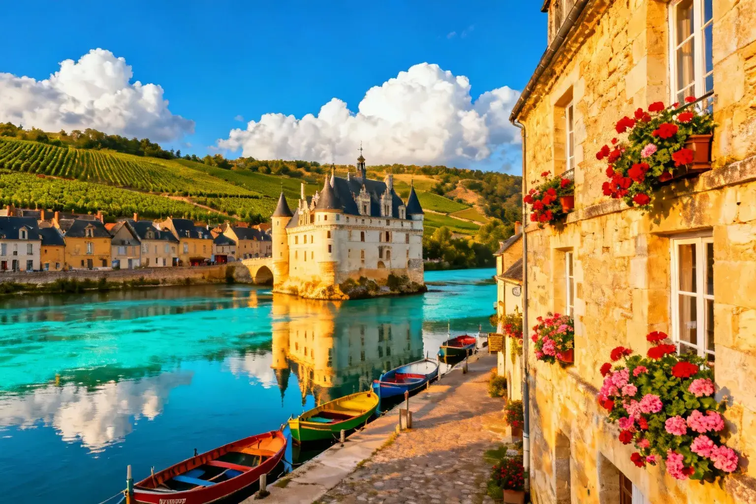 Vue aérienne de Montsoreau avec maisons en pierre de tuffeau et toits d'ardoise au bord des rivières Loire et Vienne