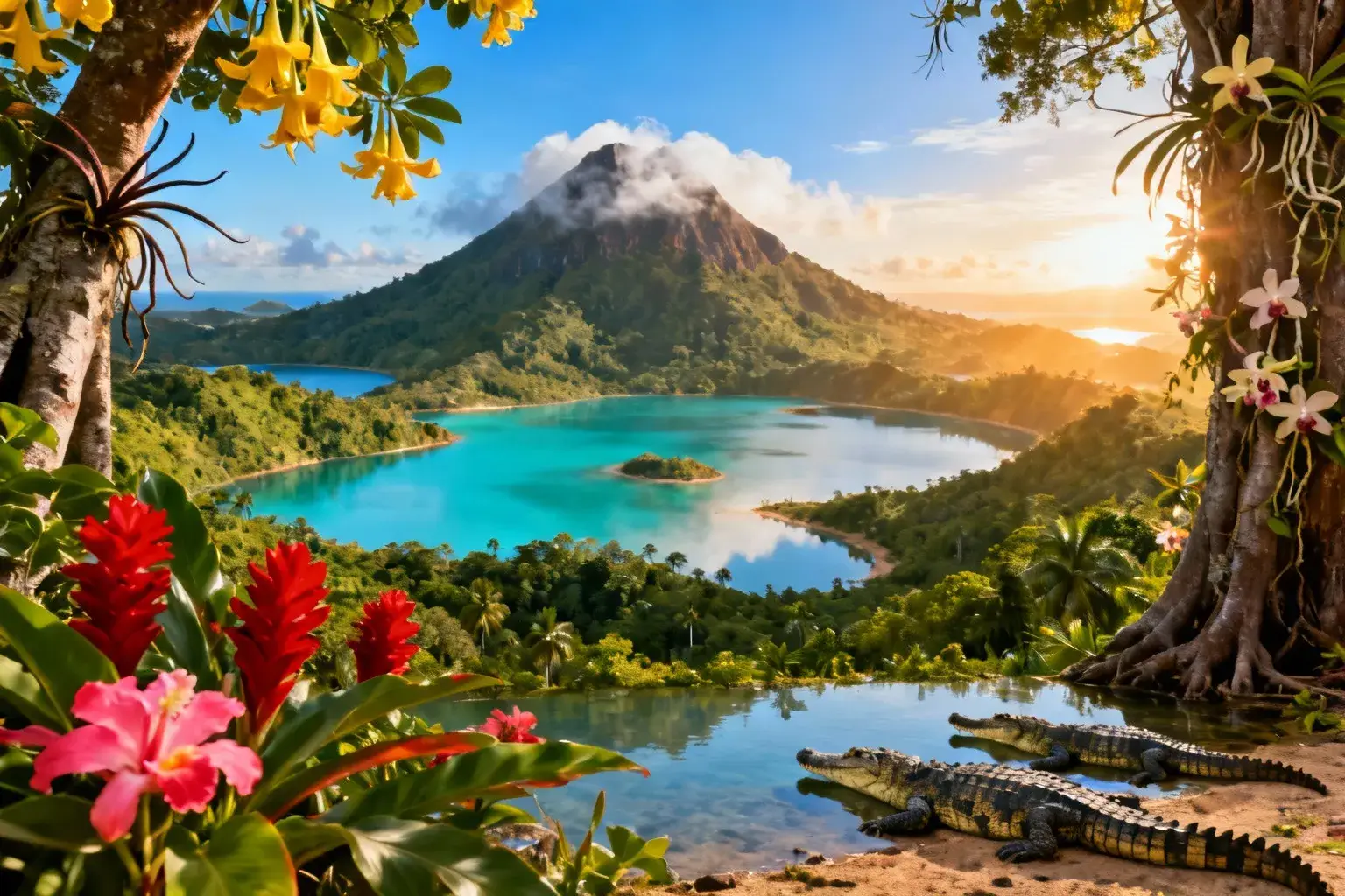 Paysage tropical de Nosy Be avec lacs volcaniques turquoise, forêt dense et crocodiles du Nil sur les rives