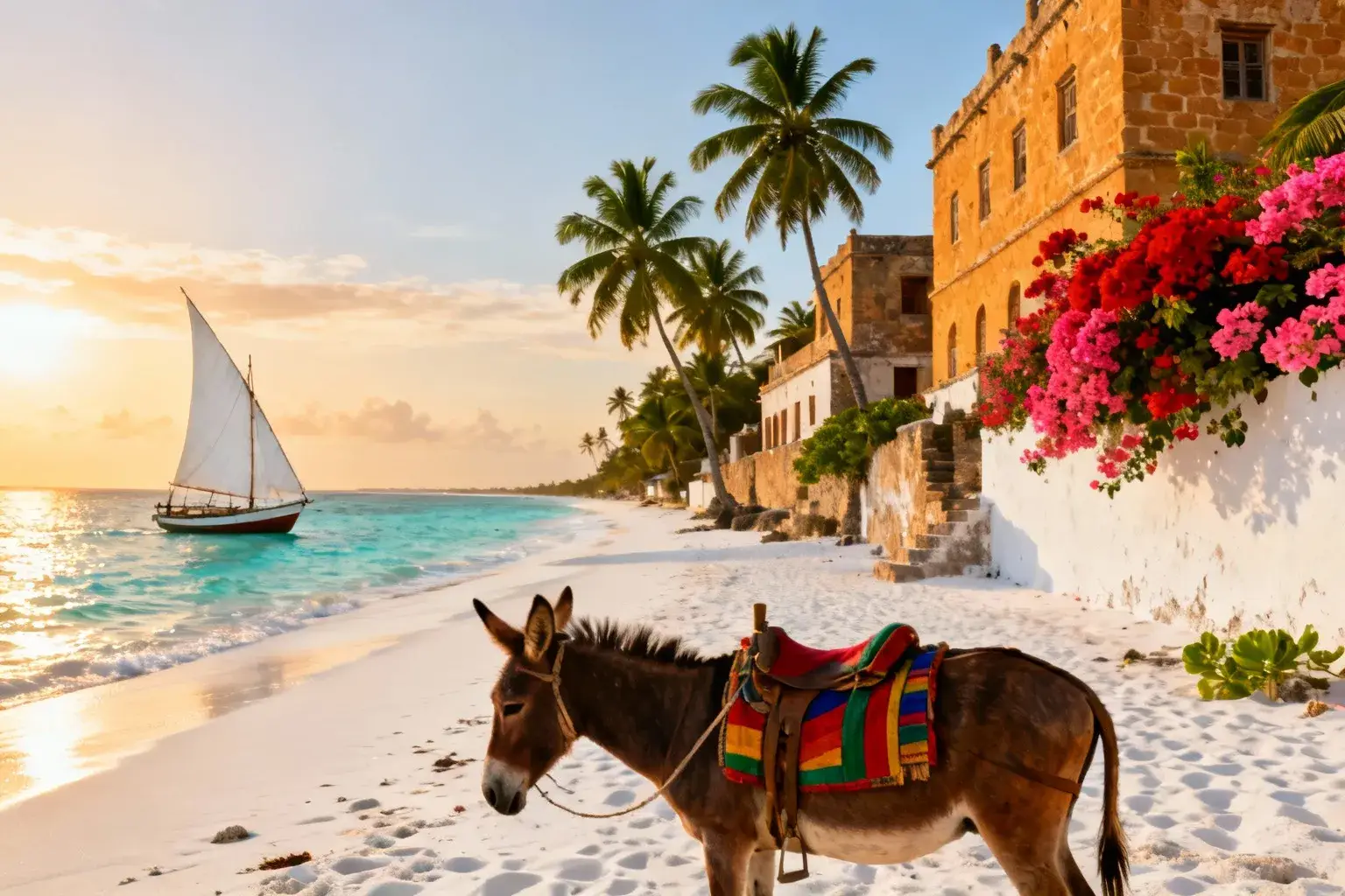 Plage de sable blanc corallien avec eau turquoise, dhow traditionnel et bâtiments en pierre de corail à Shela Beach