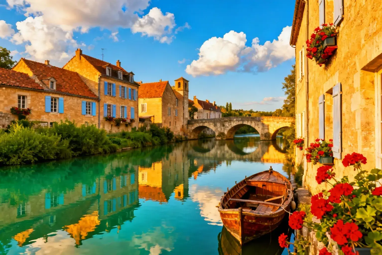 Village traditionnel français avec maisons en pierre et toits en tuiles, situé au bord de la rivière Sèvre Niortaise aux eaux turquoises