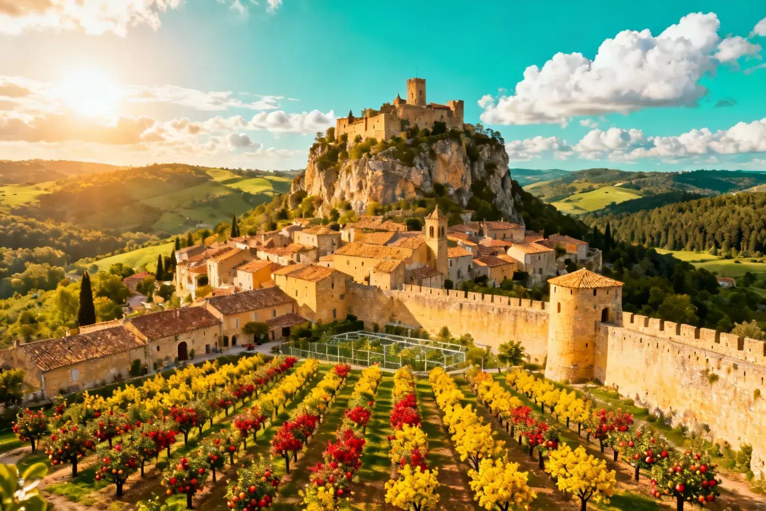Vue panoramique du village médiéval de Puycelsi perchée sur un promontoire rocheux avec ses remparts en pierre et son conservatoire de 800 arbres fruitiers