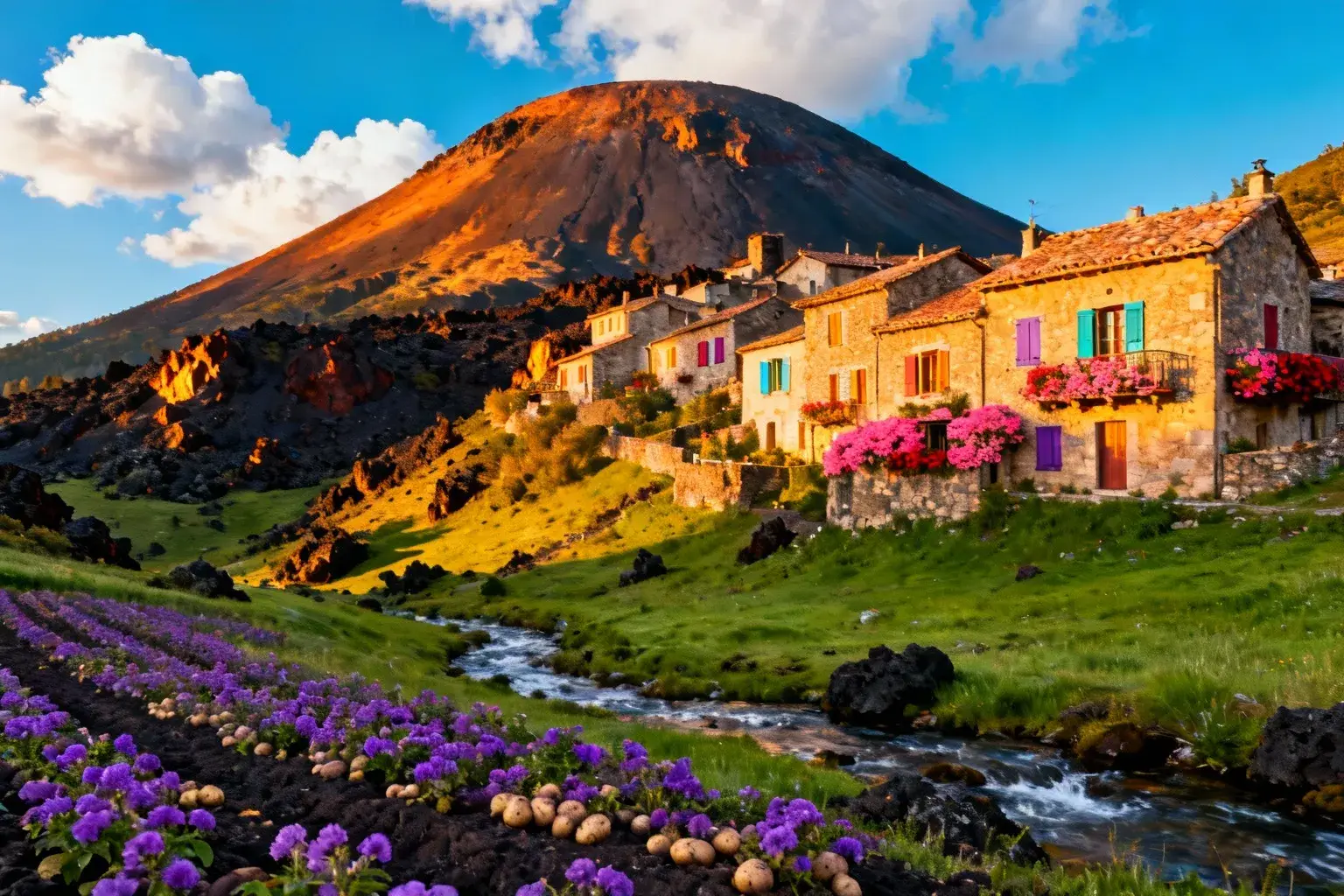 Village de Boree avec maisons en pierre et volets colorés, entouré de champs de pommes de terre violettes et montagne volcanique en arrière-plan
