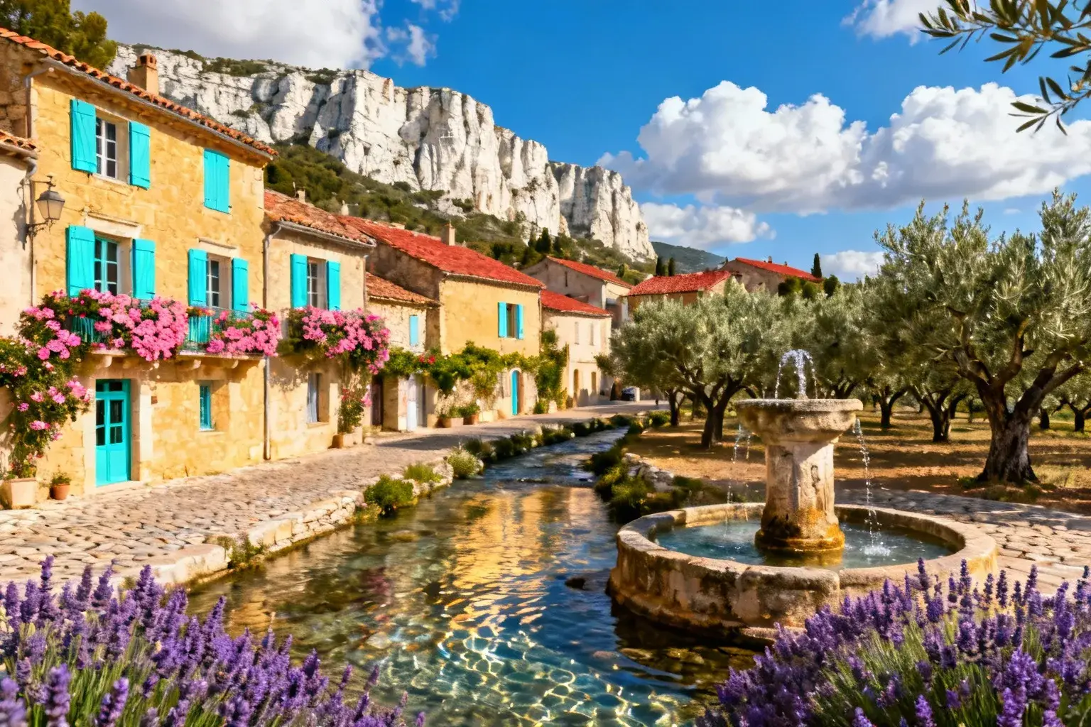 Village provençal de Maussane-les-Alpilles avec maisons en pierre, volets turquoise et géraniums roses, ruisseau cristallin au centre
