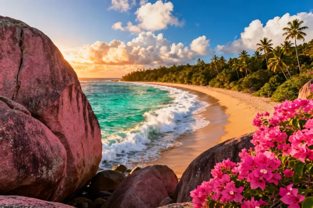 Vue aérienne de la plage d'Anse Intendance avec sable doré, vagues turquoises et rochers de granit rose entourés de végétation tropicale