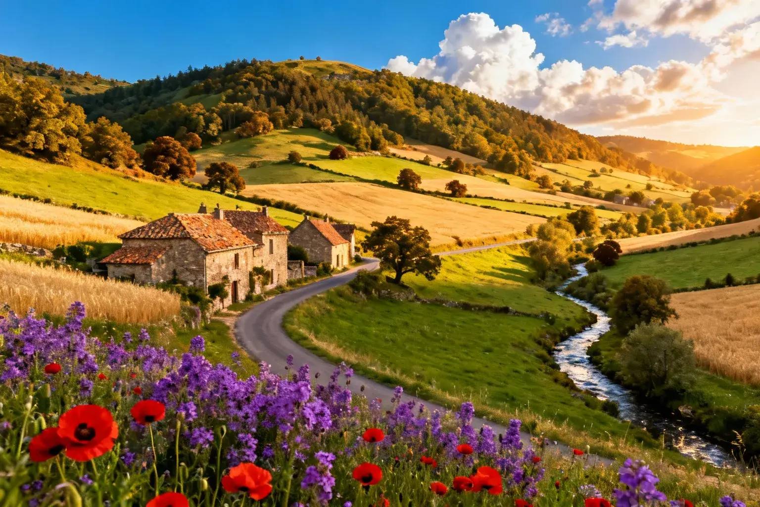 Vue panoramique des collines de Previnquieres avec champs de blé, fermes en pierre et route sinueuse sous ciel bleu