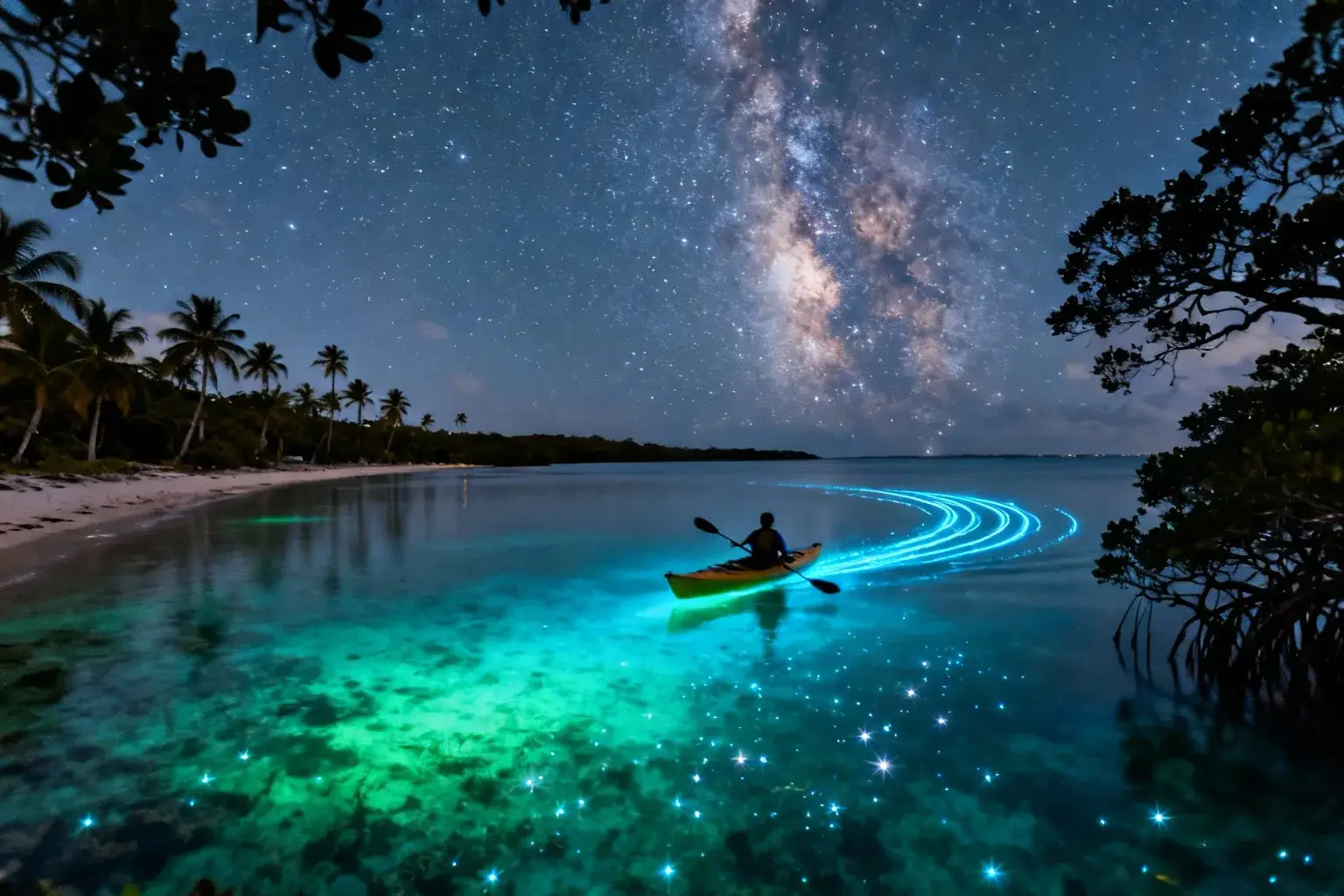 Vue panoramique de la baie la plus lumineuse au monde, située sur une île de 135 km², avec des eaux cristallines