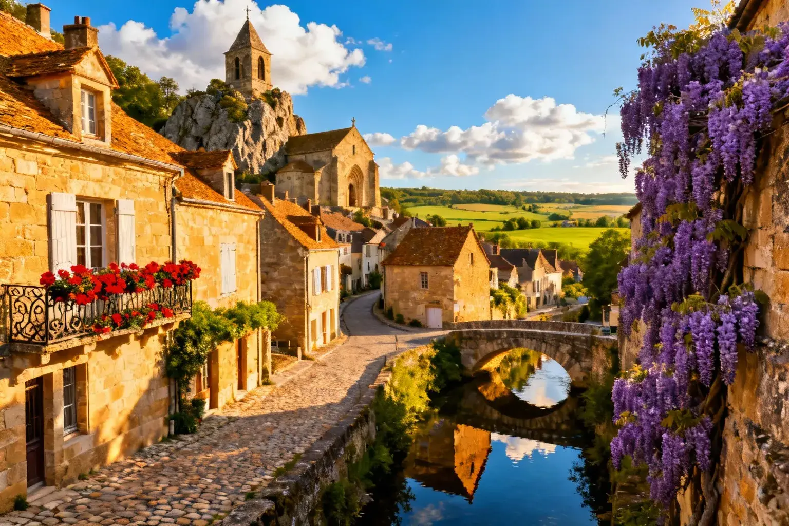 Vue aérienne du village médiéval de Bellac avec ses bâtiments en pierre dorée et toits de tuiles, entouré de campagne verte