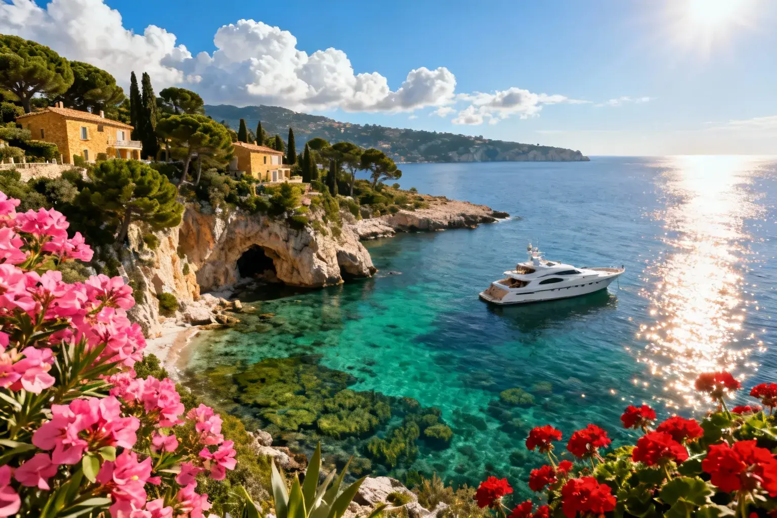 Vue aérienne du Cap d'Antibes avec ses eaux turquoises, plages sauvages et villas cachées dans la végétation méditerranéenne