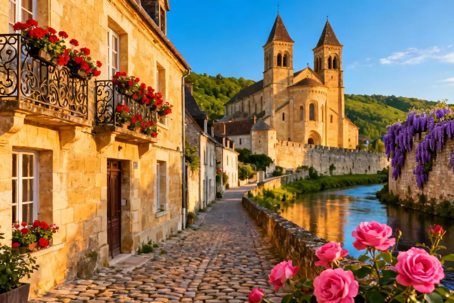 Vue panoramique du village médiéval de Charlieu avec son abbaye romane, ses rues pavées et ses fleurs colorées sous un ciel bleu