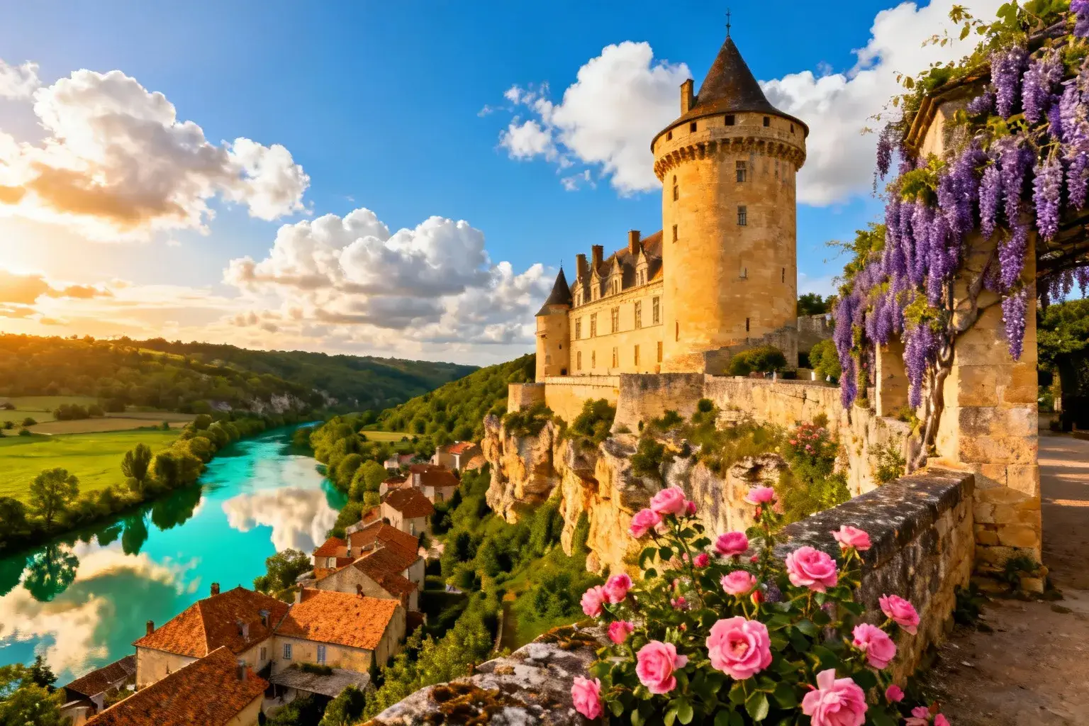 Château de Bourdeilles avec sa forteresse médiévale et son palais Renaissance illuminés par la lumière dorée, dominant la rivière Dronne