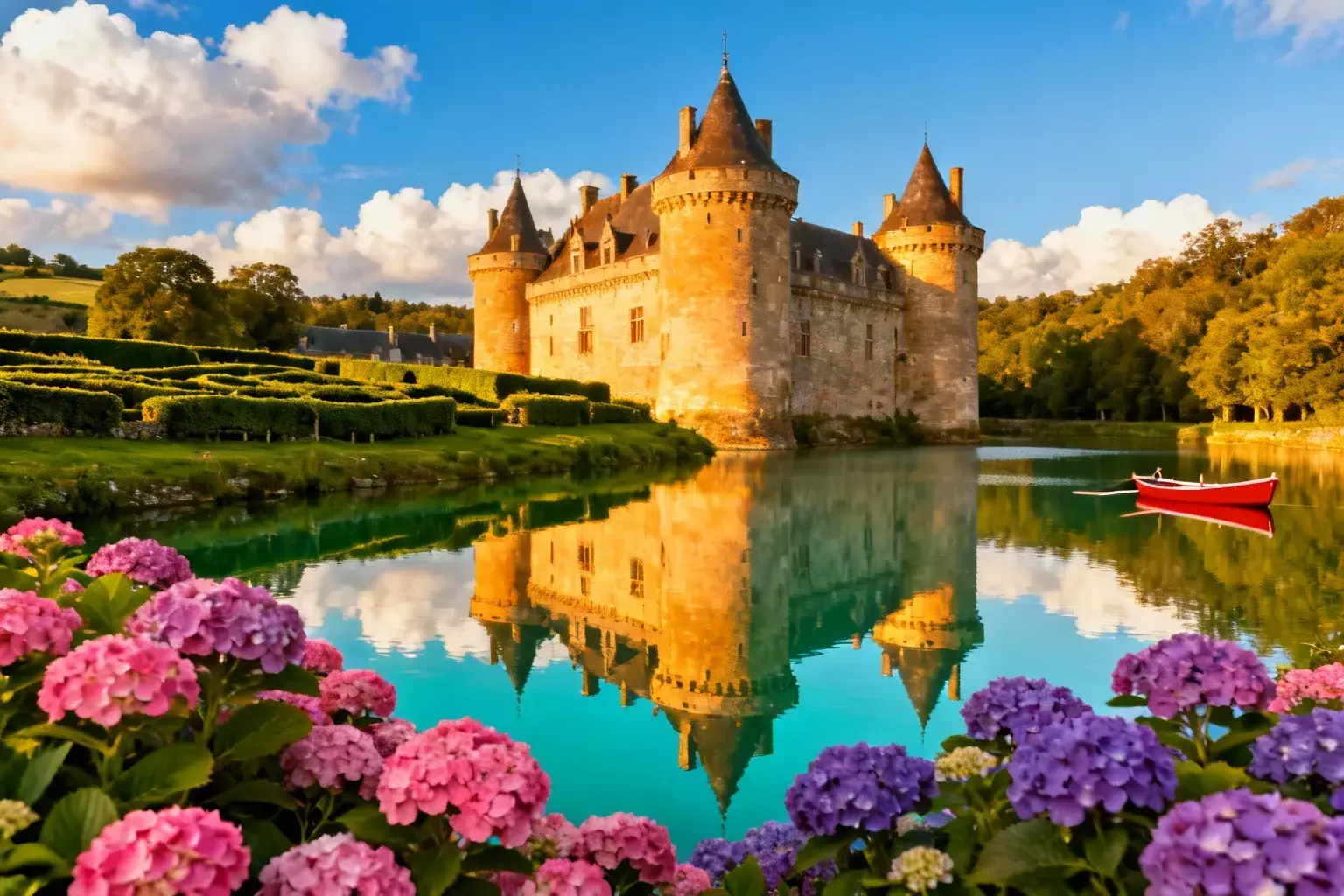 Château médiéval de Combourg se reflétant dans le lac tranquille entouré de fleurs et de bocage breton