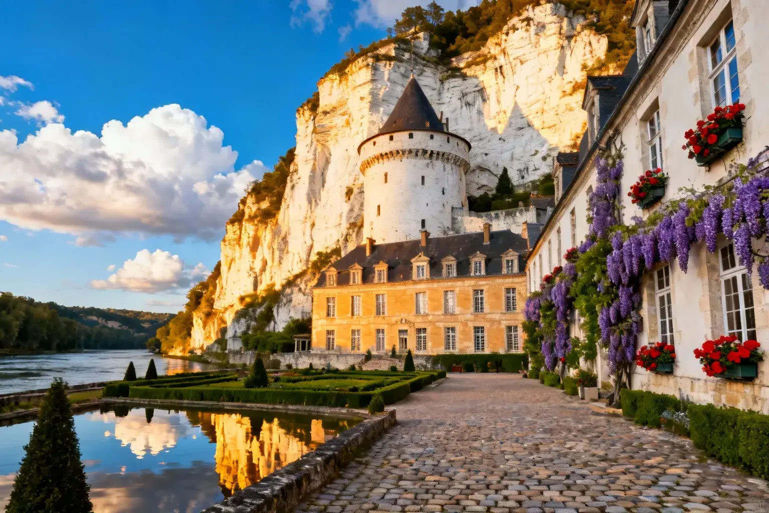 Château médiéval avec donjon creusé dans une falaise de craie blanche, jardins fleuris et rivière en premier plan