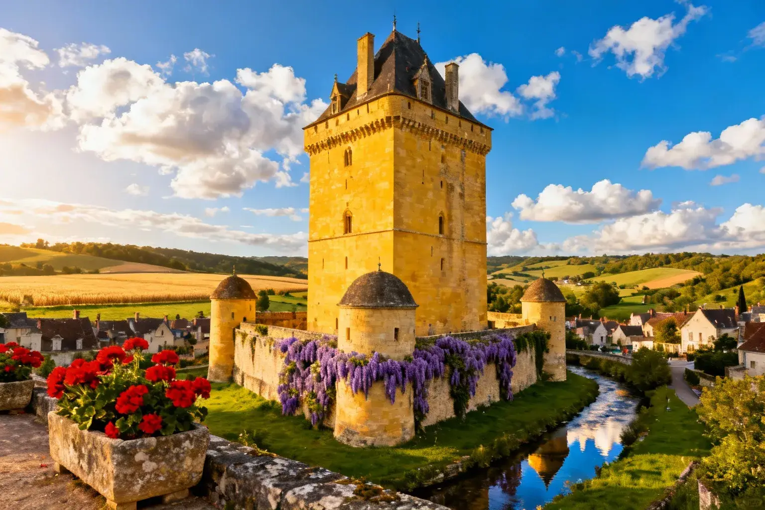 Château médiéval en pierre dorée avec donjon imposant, entouré de collines verdoyantes et de fleurs colorées