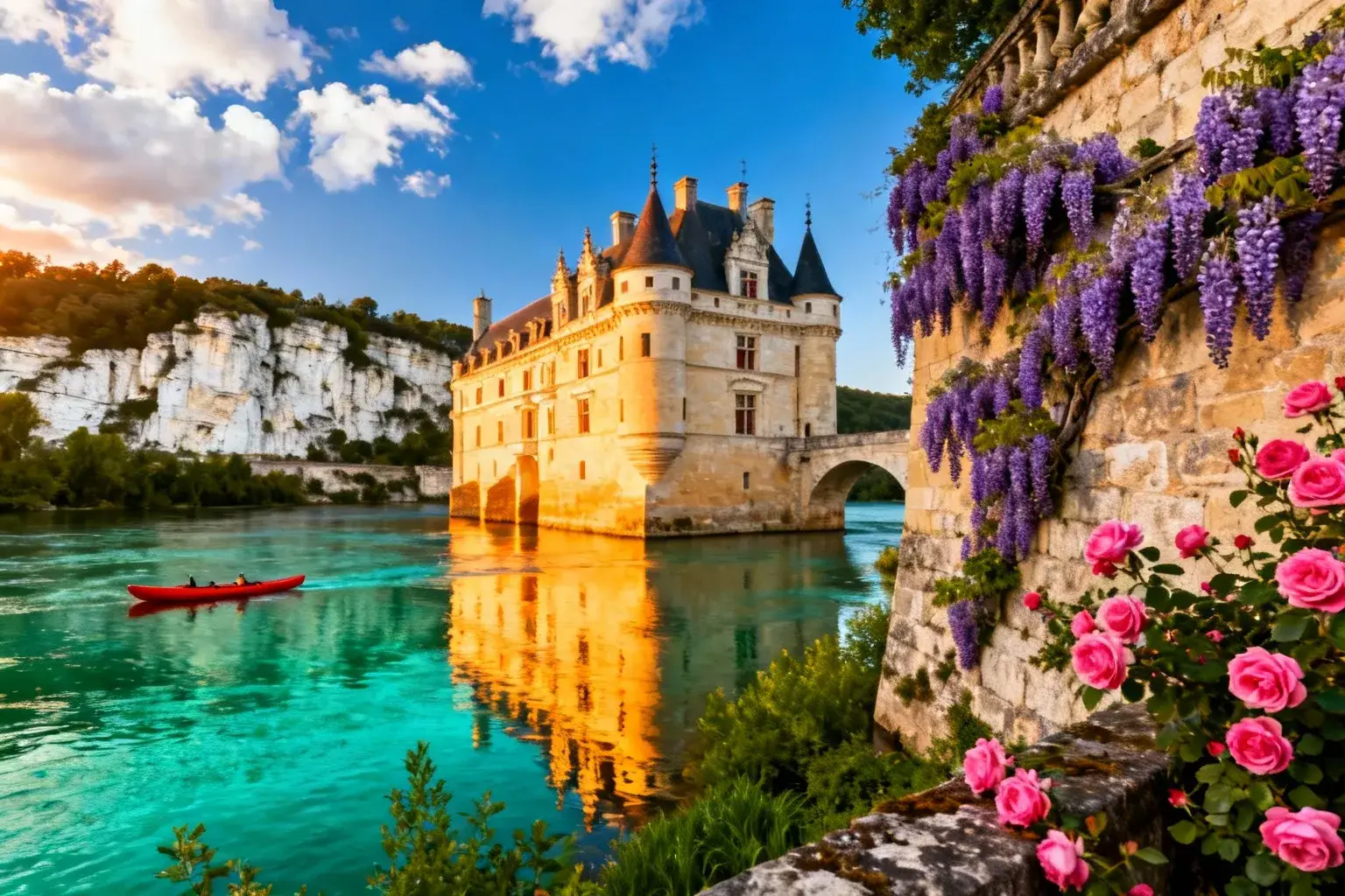 Château de Montsoreau en pierre de tuffeau dorée se reflétant dans les eaux turquoise de la Loire au coucher de soleil