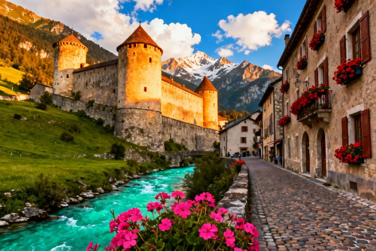 Village fortifié de Colmars-les-Alpes avec ses remparts en pierre dorée et fleurs rouges sous un ciel bleu